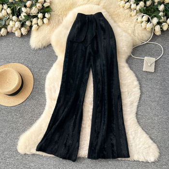 Pleteno široke hlače za žene (elastičan pojas, naborana tekstura, mikroelastičnost)