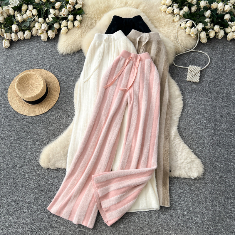 Pleteno široke hlače za žene (elastičan pojas, naborana tekstura, mikroelastičnost)