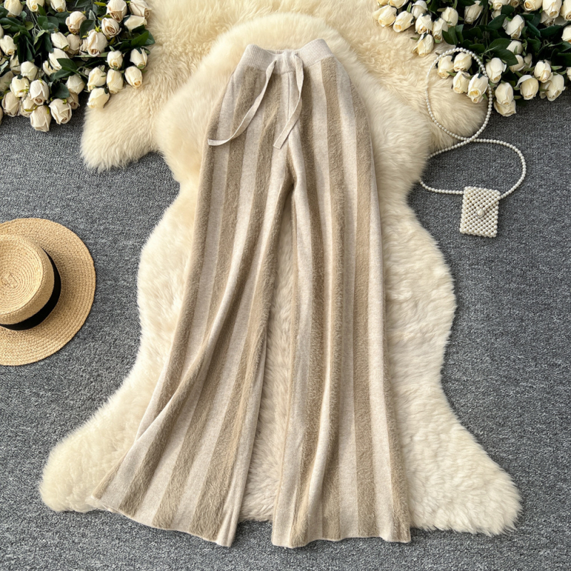 Pleteno široke hlače za žene (elastičan pojas, naborana tekstura, mikroelastičnost)