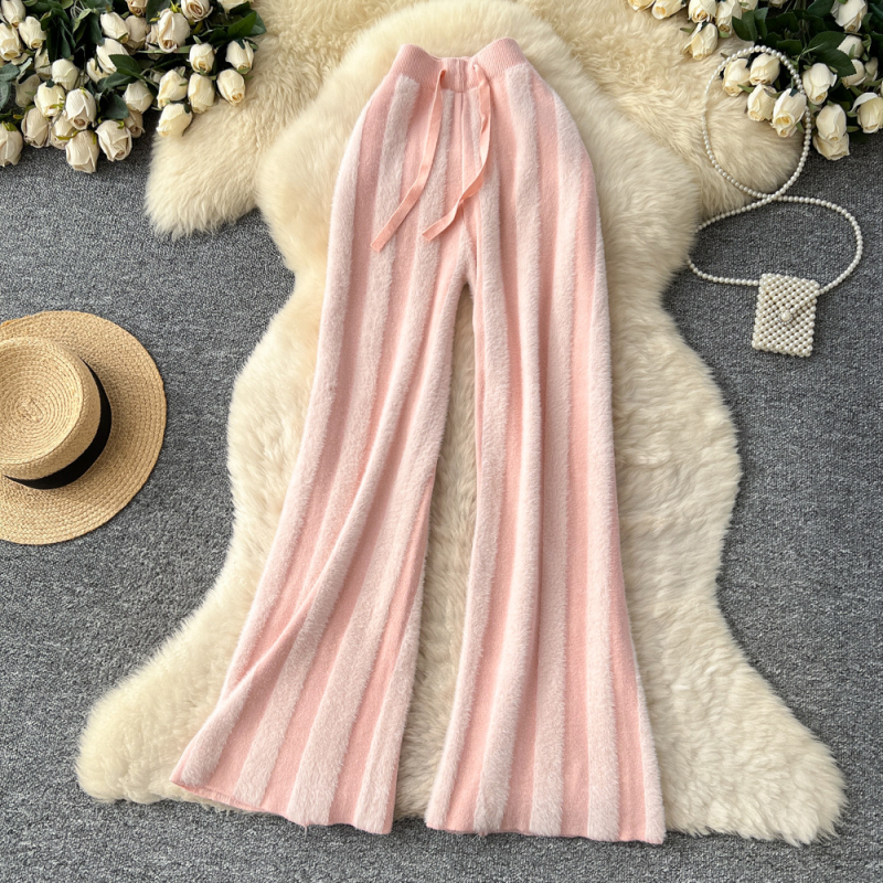 Pleteno široke hlače za žene (elastičan pojas, naborana tekstura, mikroelastičnost)