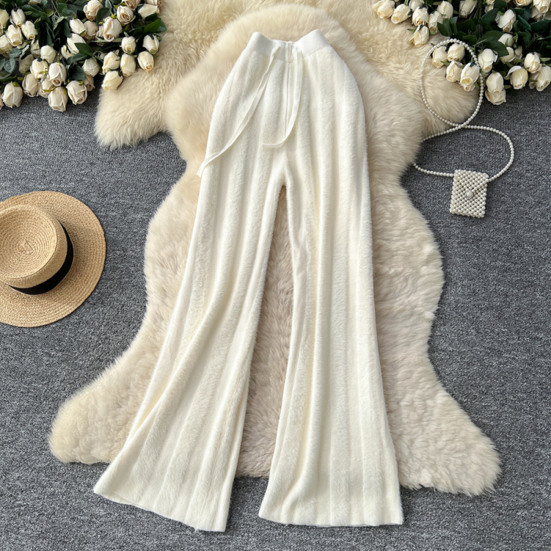 Pleteno široke hlače za žene (elastičan pojas, naborana tekstura, mikroelastičnost)