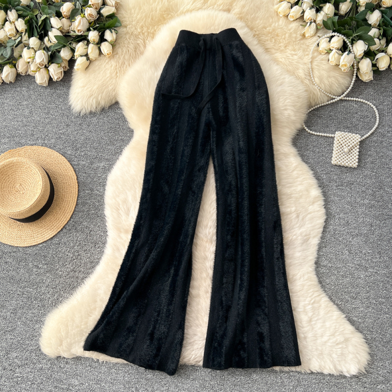 Pleteno široke hlače za žene (elastičan pojas, naborana tekstura, mikroelastičnost)