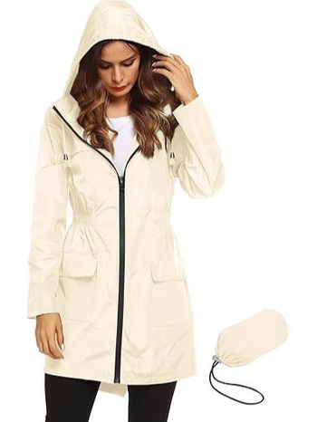 Žensko vodootporna lagana jakna s kapuljom, poliester tkanina, srednja duljina, slobodan kroj, zatvarač, proljeće 2025