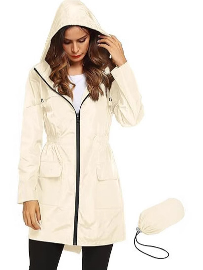 Žensko vodootporna lagana jakna s kapuljom, poliester tkanina, srednja duljina, slobodan kroj, zatvarač, proljeće 2025