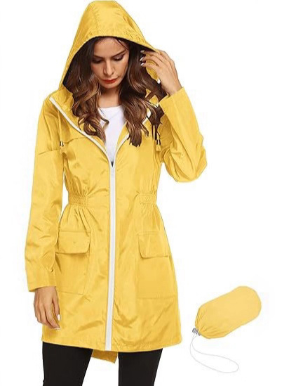 Žensko vodootporna lagana jakna s kapuljom, poliester tkanina, srednja duljina, slobodan kroj, zatvarač, proljeće 2025