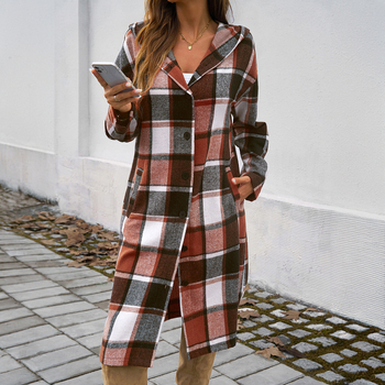 Ženski pleteni kaput s kapuljačom, karirani uzorak, produžena duljina, V-izrez, casual stil