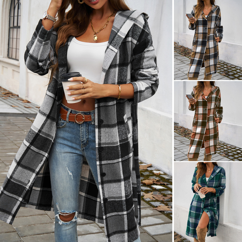 Ženski pleteni kaput s kapuljačom, karirani uzorak, produžena duljina, V-izrez, casual stil