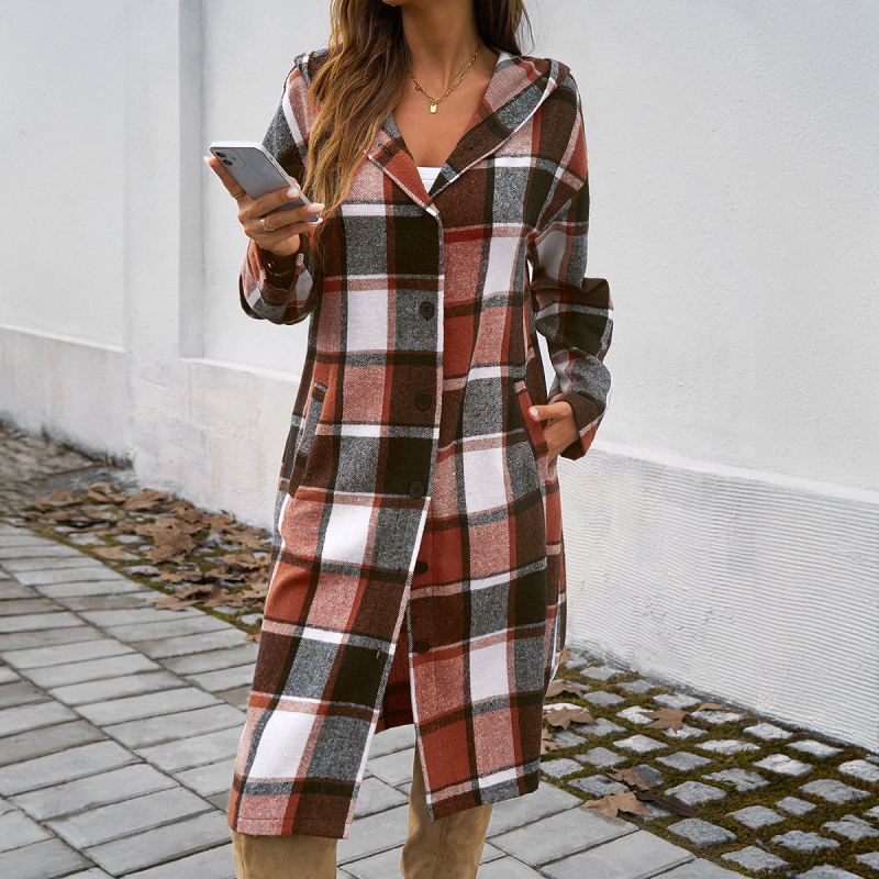 Ženski pleteni kaput s kapuljačom, karirani uzorak, produžena duljina, V-izrez, casual stil