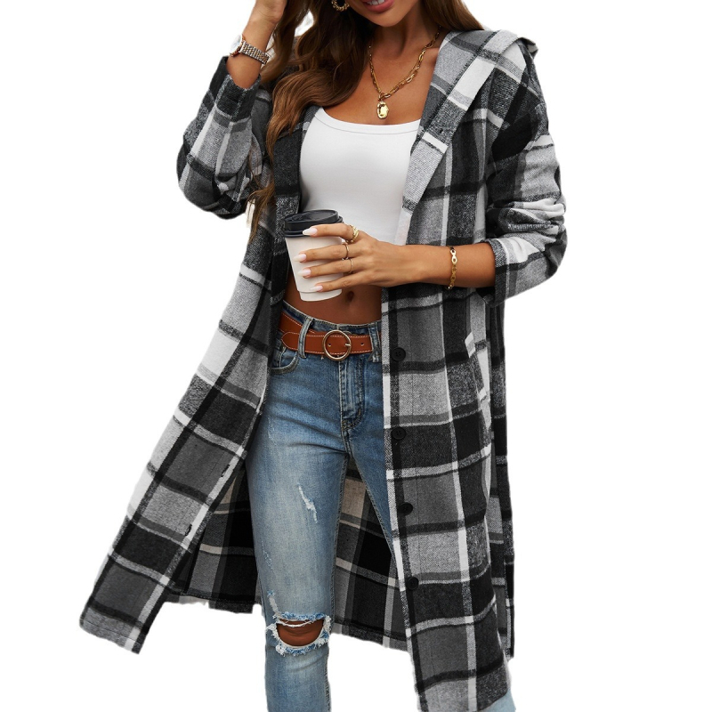 Ženski pleteni kaput s kapuljačom, karirani uzorak, produžena duljina, V-izrez, casual stil