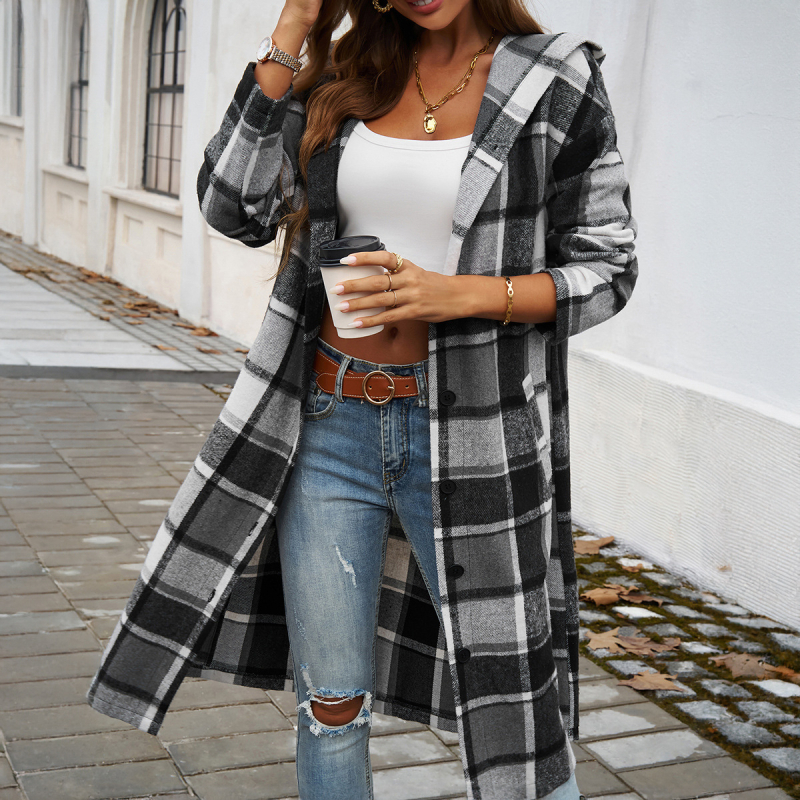 Ženski pleteni kaput s kapuljačom, karirani uzorak, produžena duljina, V-izrez, casual stil