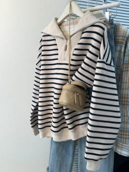 Ženski tanki pulover s prugama od pamuka i poliestera, s poluzip ovratnikom, dugim rukavima, lagan materijal, slobodan kroj