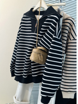 Ženski tanki pulover s prugama od pamuka i poliestera, s poluzip ovratnikom, dugim rukavima, lagan materijal, slobodan kroj