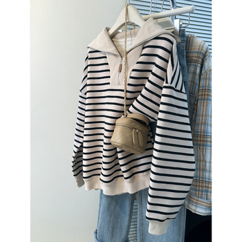 Ženski tanki pulover s prugama od pamuka i poliestera, s poluzip ovratnikom, dugim rukavima, lagan materijal, slobodan kroj