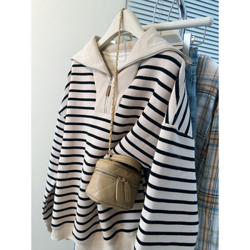 Ženski tanki pulover s prugama od pamuka i poliestera, s poluzip ovratnikom, dugim rukavima, lagan materijal, slobodan kroj