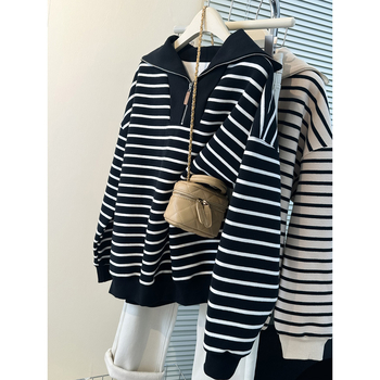 Ženski tanki pulover s prugama od pamuka i poliestera, s poluzip ovratnikom, dugim rukavima, lagan materijal, slobodan kroj