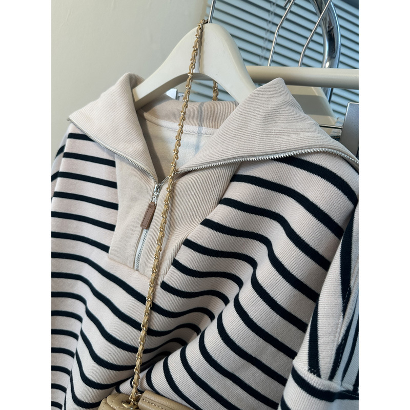 Ženski tanki pulover s prugama od pamuka i poliestera, s poluzip ovratnikom, dugim rukavima, lagan materijal, slobodan kroj