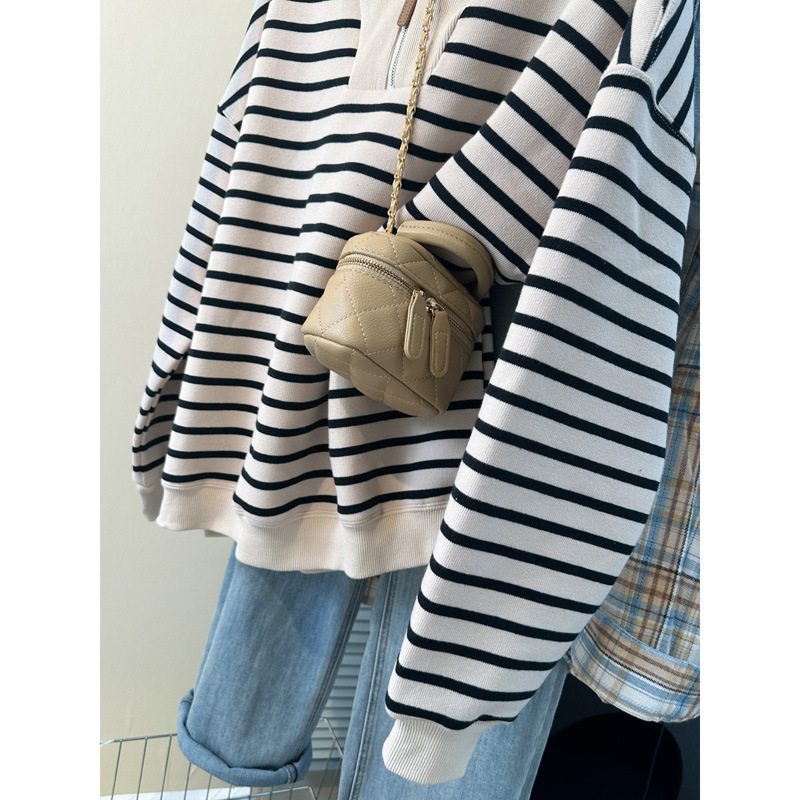 Ženski tanki pulover s prugama od pamuka i poliestera, s poluzip ovratnikom, dugim rukavima, lagan materijal, slobodan kroj