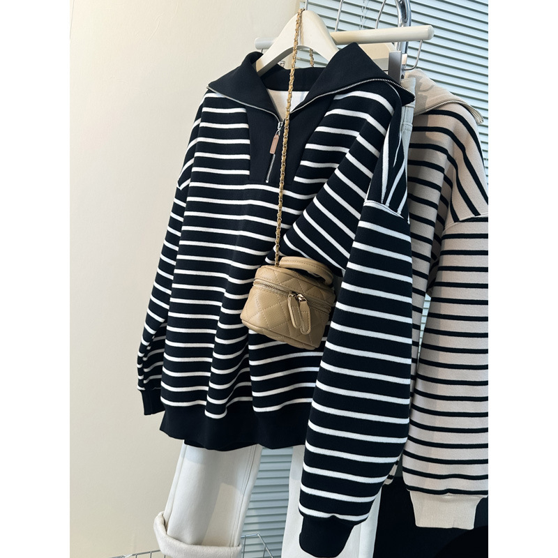 Ženski tanki pulover s prugama od pamuka i poliestera, s poluzip ovratnikom, dugim rukavima, lagan materijal, slobodan kroj