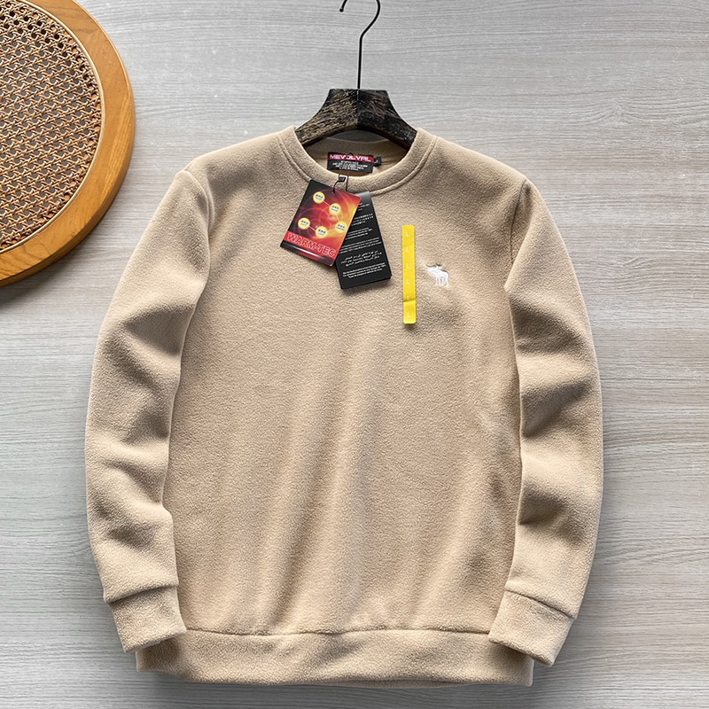 Muški fleece pulover s izvezom jelena, debeo flis, poliester 96%+, okrugli izrez