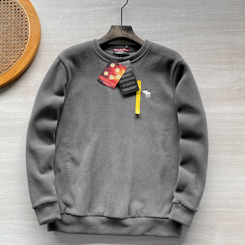 Muški fleece pulover s izvezom jelena, debeo flis, poliester 96%+, okrugli izrez