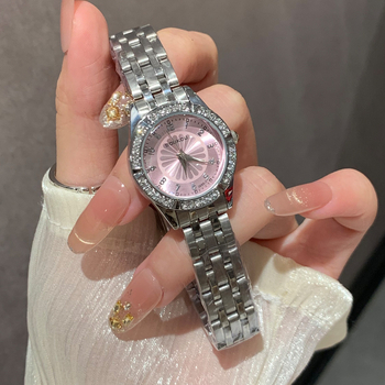 Ženski kvarcni sat s diamantnim ukrasima, kućište i narukvica od legure, debljina 7 mm, analogni prikaz