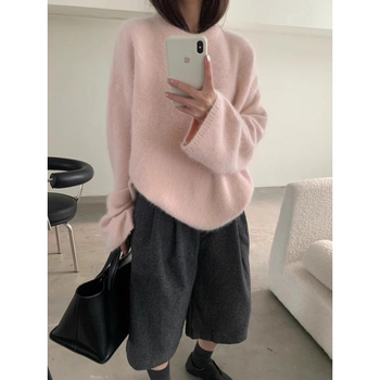 Pleten pulover od kuniće dlake s akrilom, debeo, s kapuljom, okrugli izrez, jesen 2025