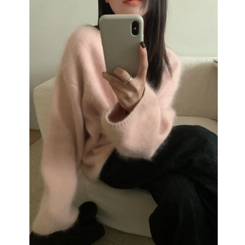 Pleten pulover od kuniće dlake s akrilom, debeo, s kapuljom, okrugli izrez, jesen 2025