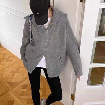 Ženski debeli pleteni kardigan s ovratnikom, zatvaračem, dugim rukavima, ležernim krojem