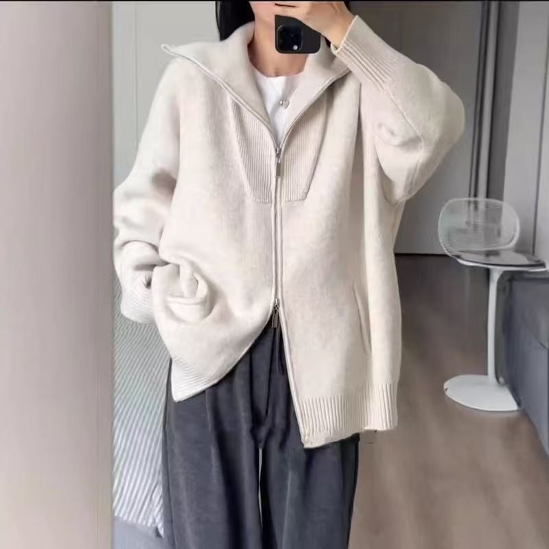 Ženski debeli pleteni kardigan s ovratnikom, zatvaračem, dugim rukavima, ležernim krojem