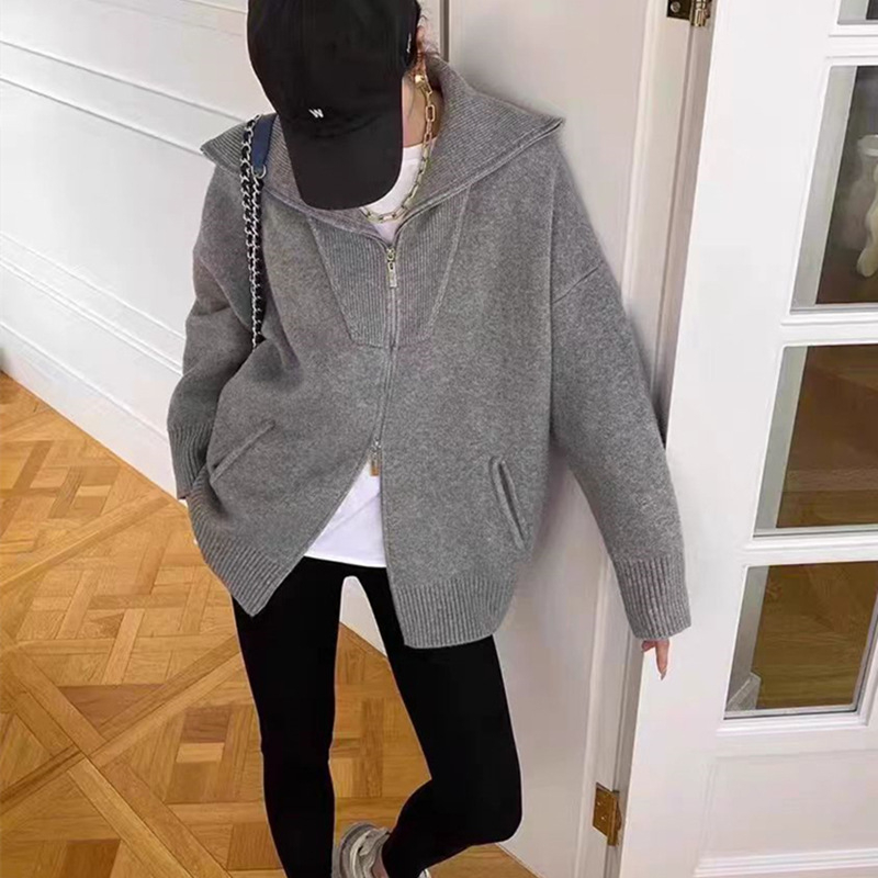 Ženski debeli pleteni kardigan s ovratnikom, zatvaračem, dugim rukavima, ležernim krojem