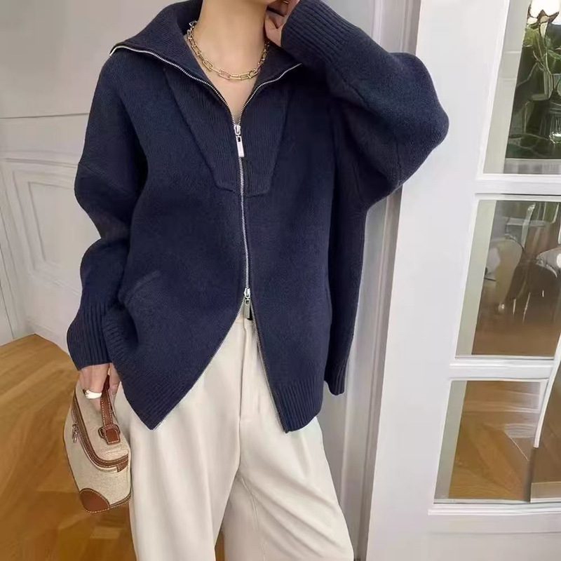 Ženski debeli pleteni kardigan s ovratnikom, zatvaračem, dugim rukavima, ležernim krojem