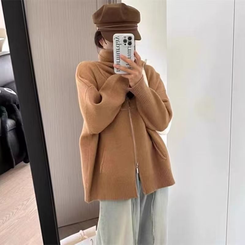 Ženski debeli pleteni kardigan s ovratnikom, zatvaračem, dugim rukavima, ležernim krojem