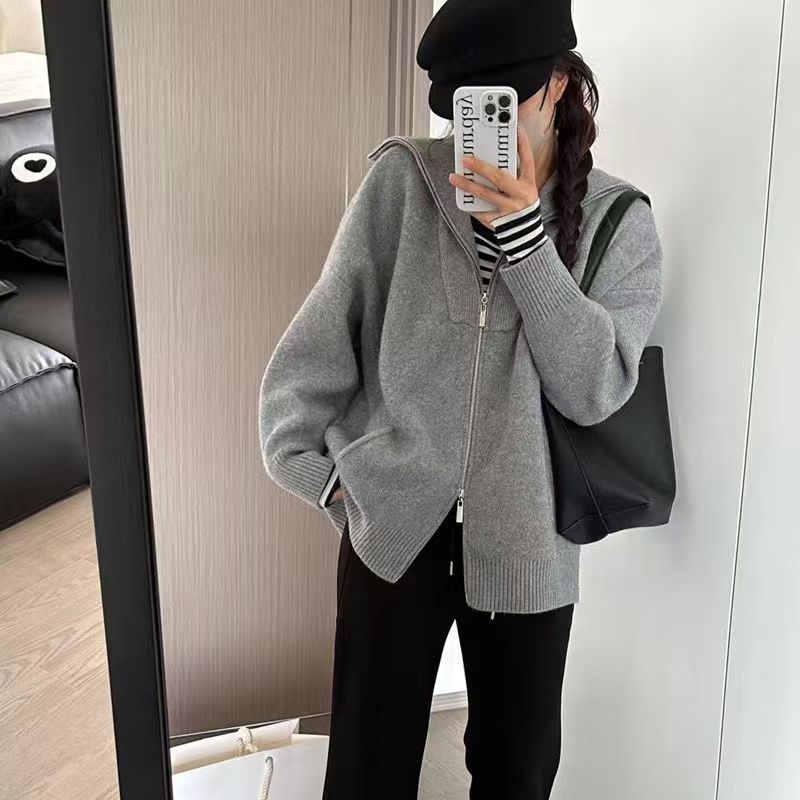 Ženski debeli pleteni kardigan s ovratnikom, zatvaračem, dugim rukavima, ležernim krojem