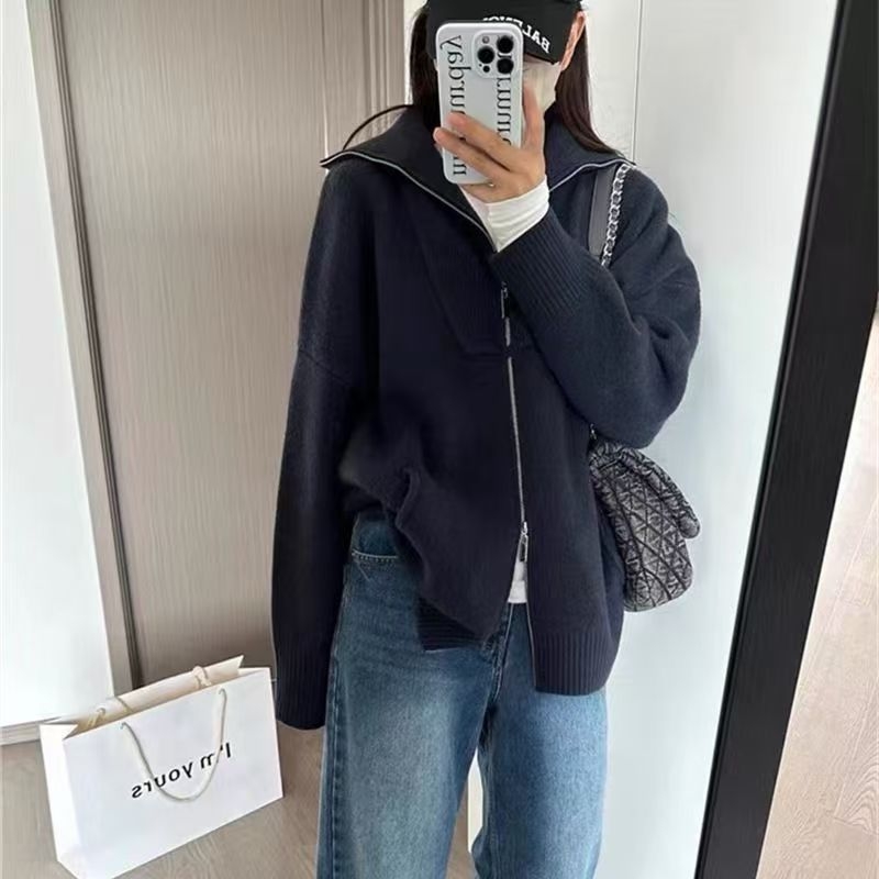 Ženski debeli pleteni kardigan s ovratnikom, zatvaračem, dugim rukavima, ležernim krojem