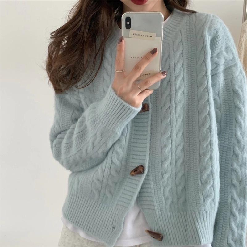 Cardigan džemper, japansko-korejski ležerni stil, okrugli izrez, dugi rukavi, labav kroj, akrilna vlakna s imitacijom ovčje vune