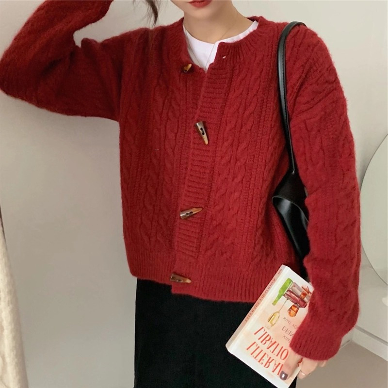 Cardigan džemper, japansko-korejski ležerni stil, okrugli izrez, dugi rukavi, labav kroj, akrilna vlakna s imitacijom ovčje vune