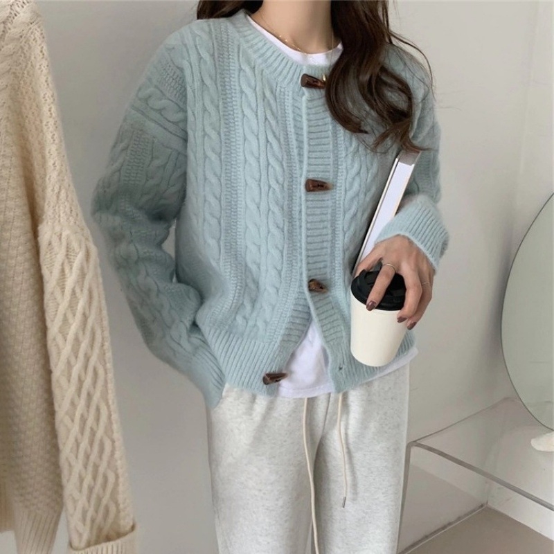 Cardigan džemper, japansko-korejski ležerni stil, okrugli izrez, dugi rukavi, labav kroj, akrilna vlakna s imitacijom ovčje vune