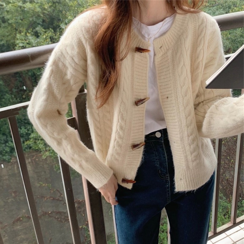 Cardigan džemper, japansko-korejski ležerni stil, okrugli izrez, dugi rukavi, labav kroj, akrilna vlakna s imitacijom ovčje vune