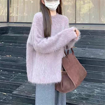 Ženski pulover u korejskom stilu Mink Velvet, s okruglim izrezom, srednja duljina, slobodan kroj, pleteni materijal od poliestera i elastana