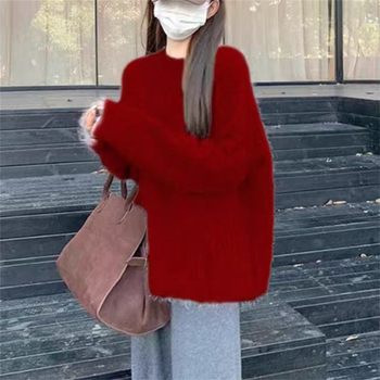 Ženski pulover u korejskom stilu Mink Velvet, s okruglim izrezom, srednja duljina, slobodan kroj, pleteni materijal od poliestera i elastana