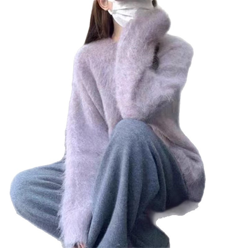 Ženski pulover u korejskom stilu Mink Velvet, s okruglim izrezom, srednja duljina, slobodan kroj, pleteni materijal od poliestera i elastana