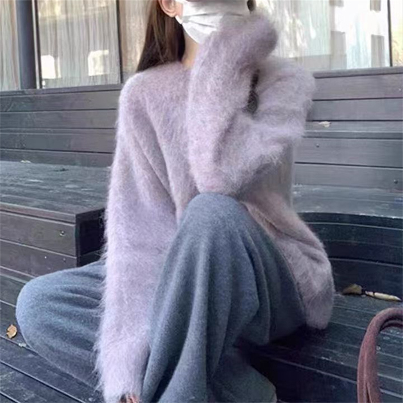 Ženski pulover u korejskom stilu Mink Velvet, s okruglim izrezom, srednja duljina, slobodan kroj, pleteni materijal od poliestera i elastana