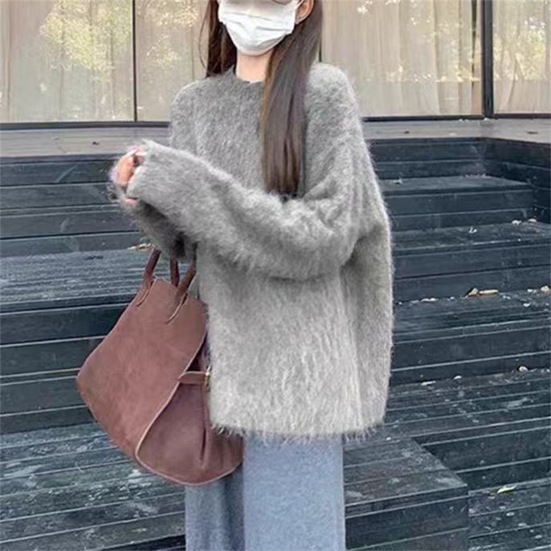 Ženski pulover u korejskom stilu Mink Velvet, s okruglim izrezom, srednja duljina, slobodan kroj, pleteni materijal od poliestera i elastana