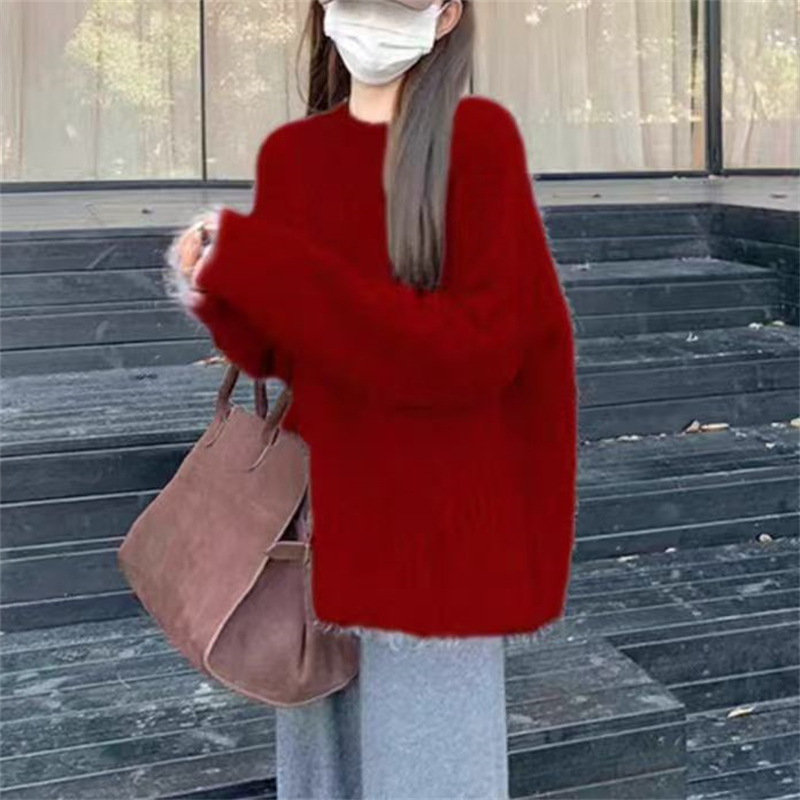 Ženski pulover u korejskom stilu Mink Velvet, s okruglim izrezom, srednja duljina, slobodan kroj, pleteni materijal od poliestera i elastana