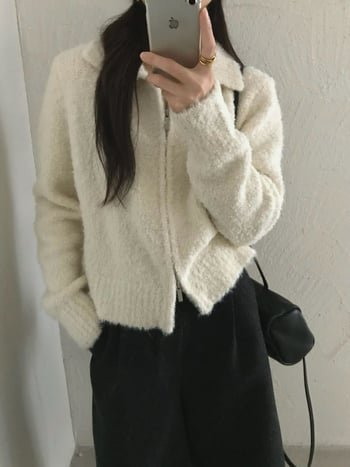 Ženski pleteni kardigan u korejskom stilu, ovratnik s lapelom, dugi rukavi, zatvarač, kratka duljina (40–50 cm), Circle Yarn materijal