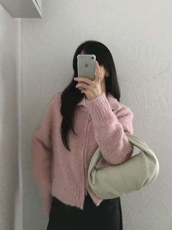 Ženski pleteni kardigan u korejskom stilu, ovratnik s lapelom, dugi rukavi, zatvarač, kratka duljina (40–50 cm), Circle Yarn materijal