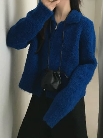 Ženski pleteni kardigan u korejskom stilu, ovratnik s lapelom, dugi rukavi, zatvarač, kratka duljina (40–50 cm), Circle Yarn materijal