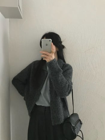 Ženski pleteni kardigan u korejskom stilu, ovratnik s lapelom, dugi rukavi, zatvarač, kratka duljina (40–50 cm), Circle Yarn materijal