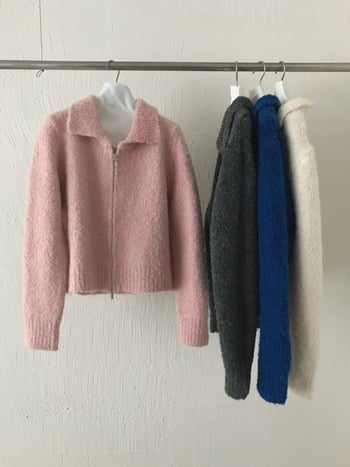 Ženski pleteni kardigan u korejskom stilu, ovratnik s lapelom, dugi rukavi, zatvarač, kratka duljina (40–50 cm), Circle Yarn materijal