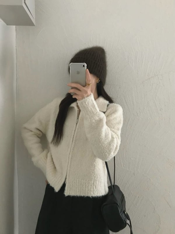 Ženski pleteni kardigan u korejskom stilu, ovratnik s lapelom, dugi rukavi, zatvarač, kratka duljina (40–50 cm), Circle Yarn materijal